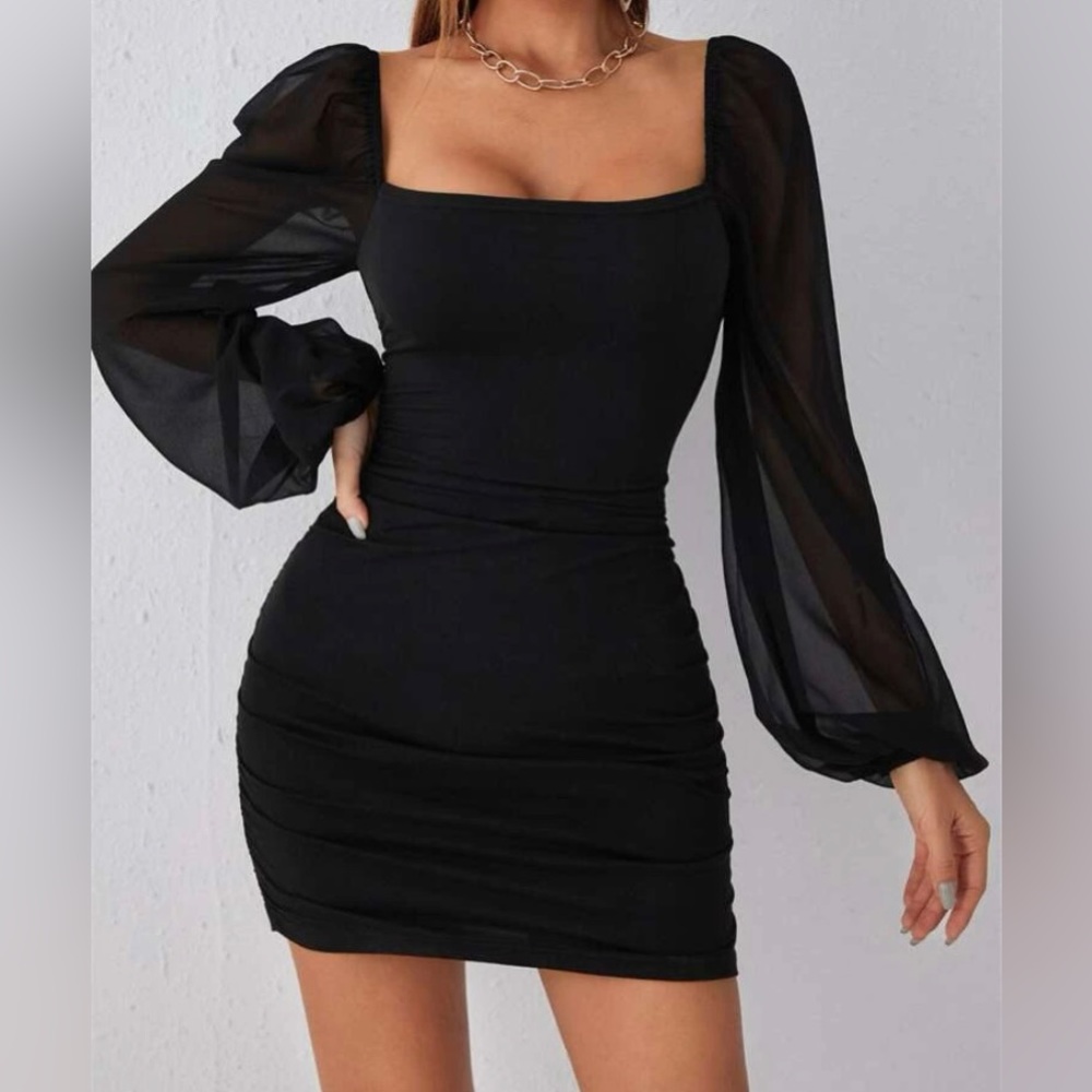 Mesh long sleeve Bodycon Mini Black Dress